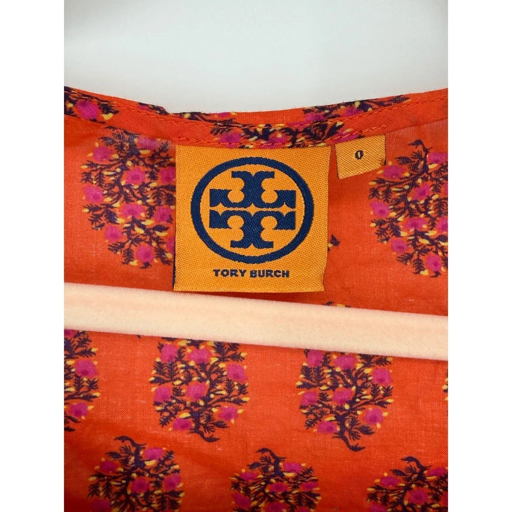 Tory Burch Blouse Women Size 0 Orange Floral Tassel Peplum Cotton Top